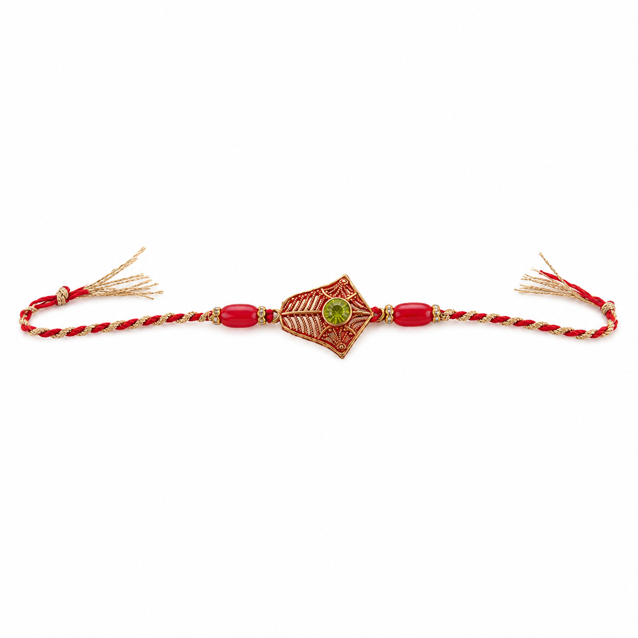 Stylish Designer Rakhi with red beads and green stone for gifting.