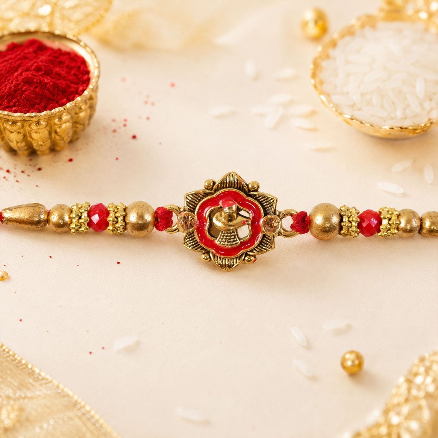 Close-up of the intricate craftsmanship of the Meenakari Rakhi with crystal accents.