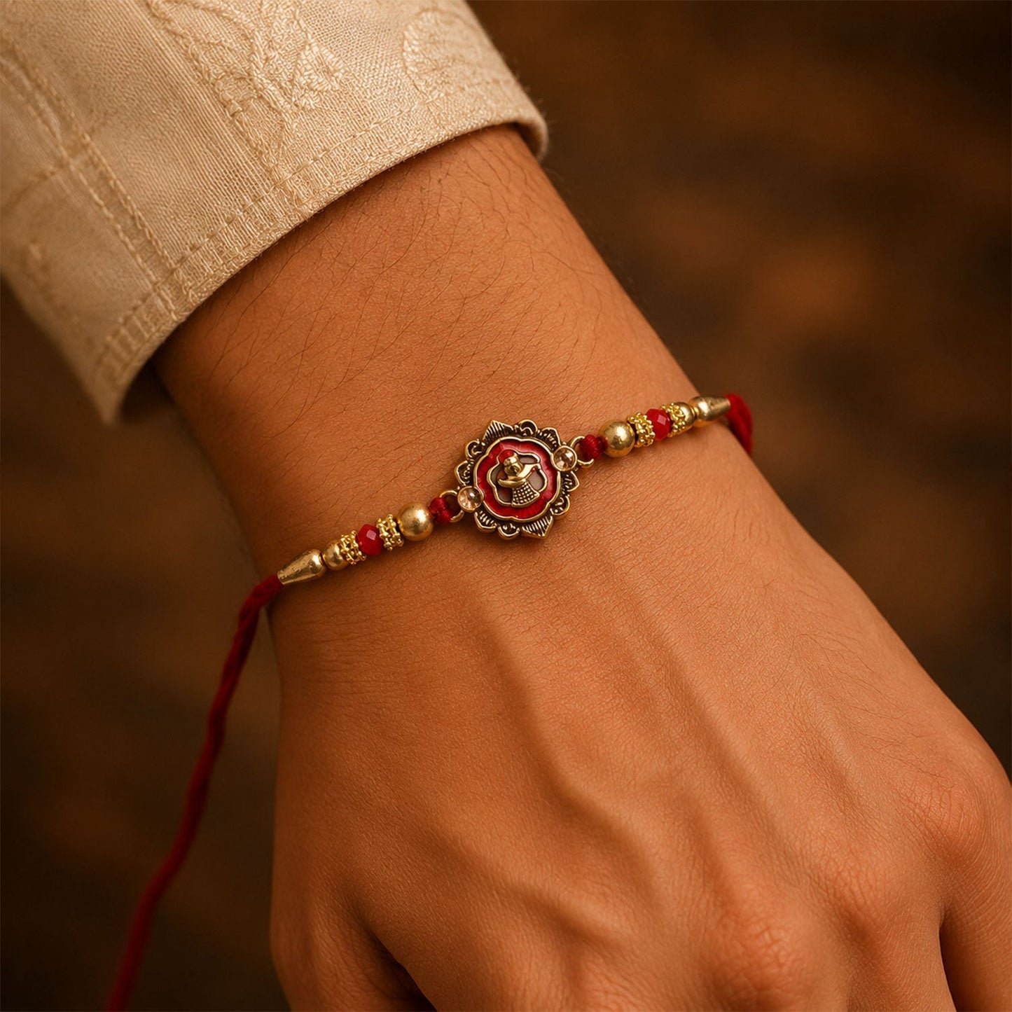 Golden floral Rakhi with sparkling crystal beads for Raksha Bandhan.
