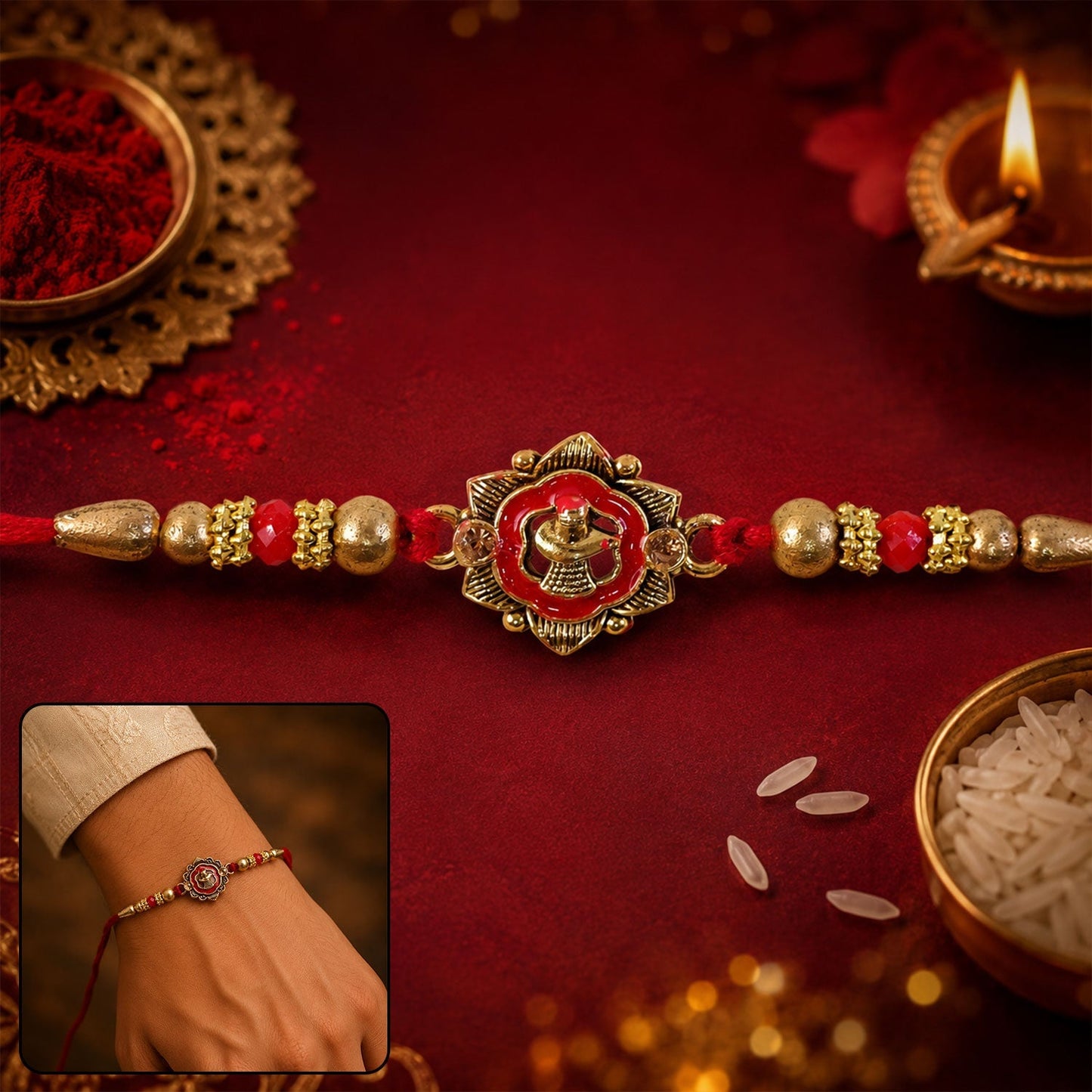 Elegant golden Meenakari Rakhi with floral patterns and crystal beads.