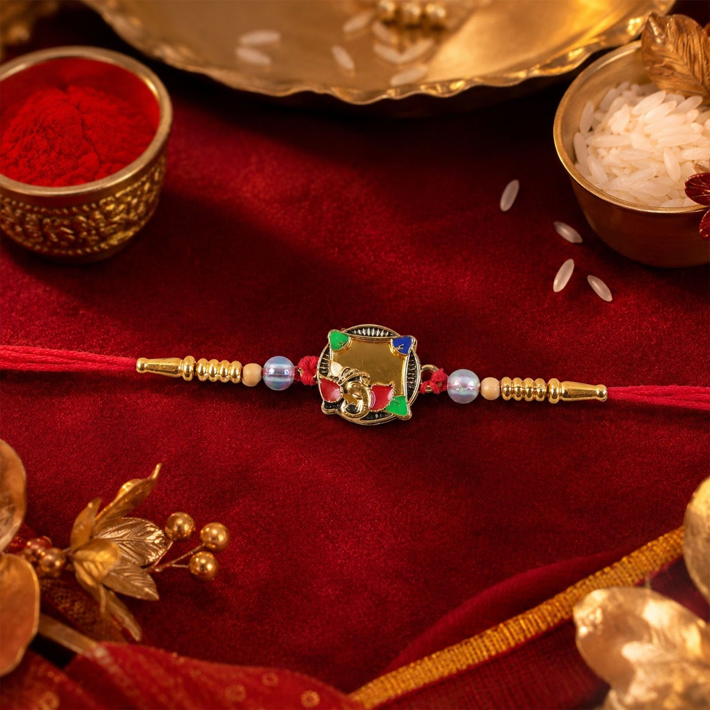 Golden elephant Rakhi with colourful embellishments for brother.