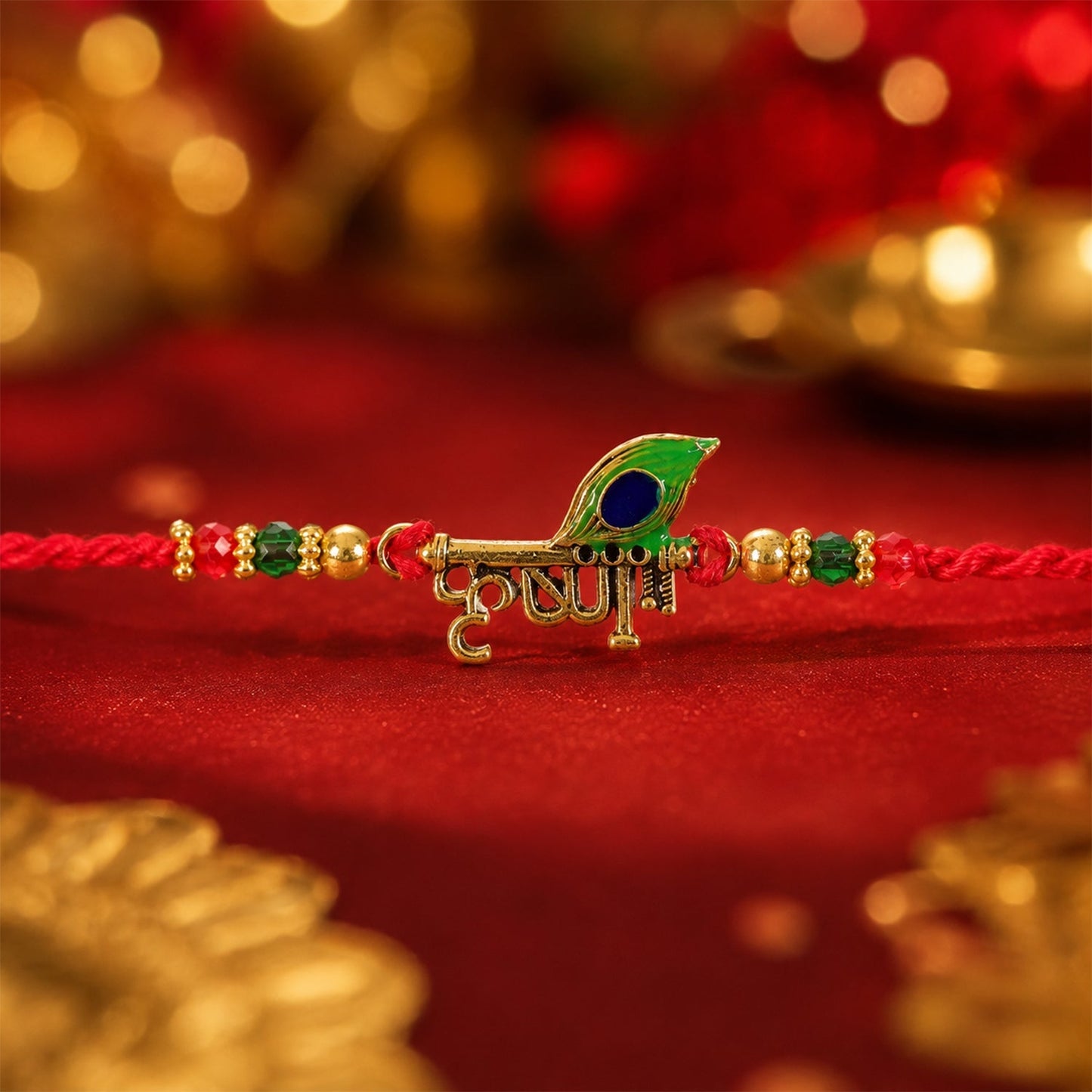 Elegant Lord Krishna Rakhi with divine motifs and peacock feather.