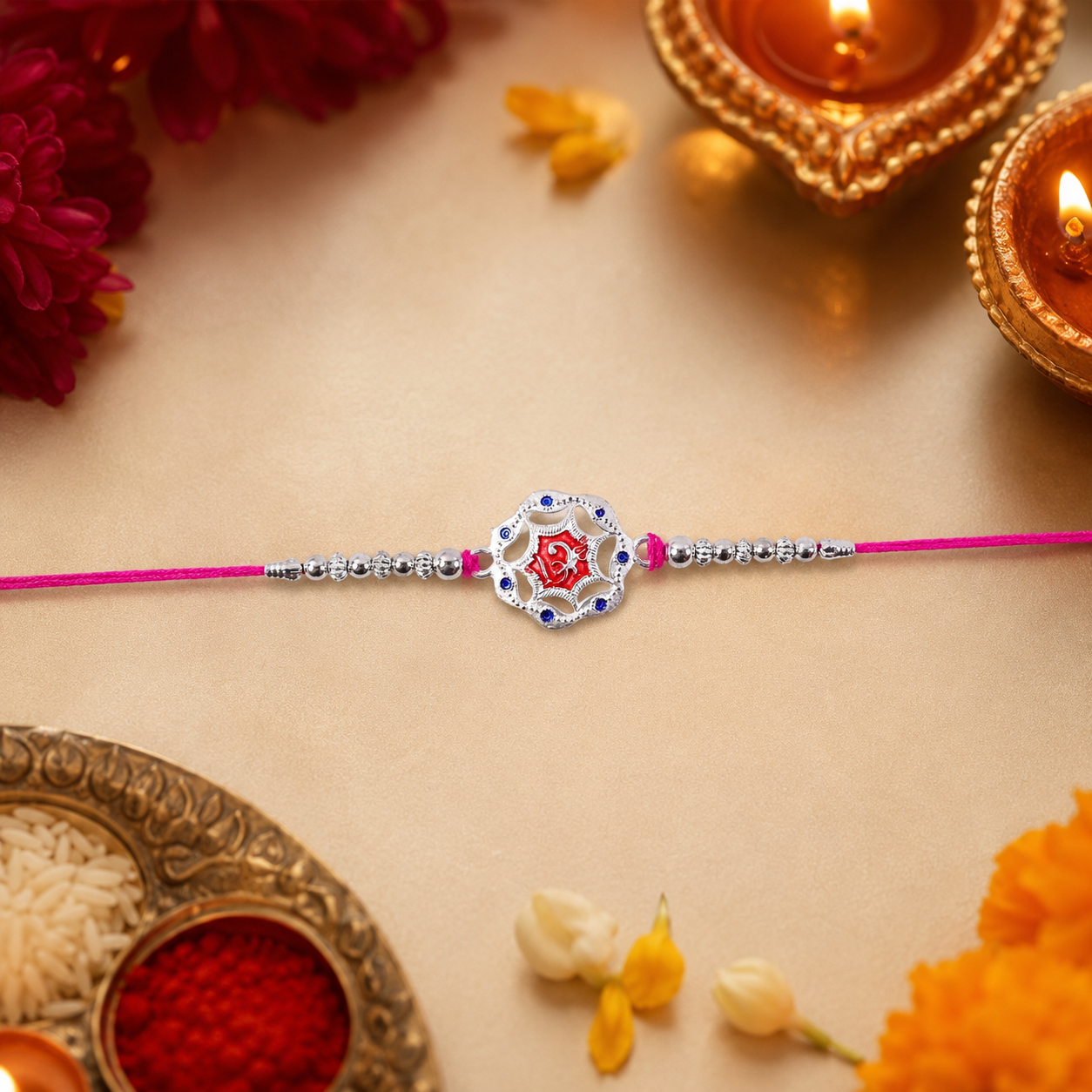 The silver-tone floral rakhi tied comfortably on a brother's wrist for Raksha Bandhan.