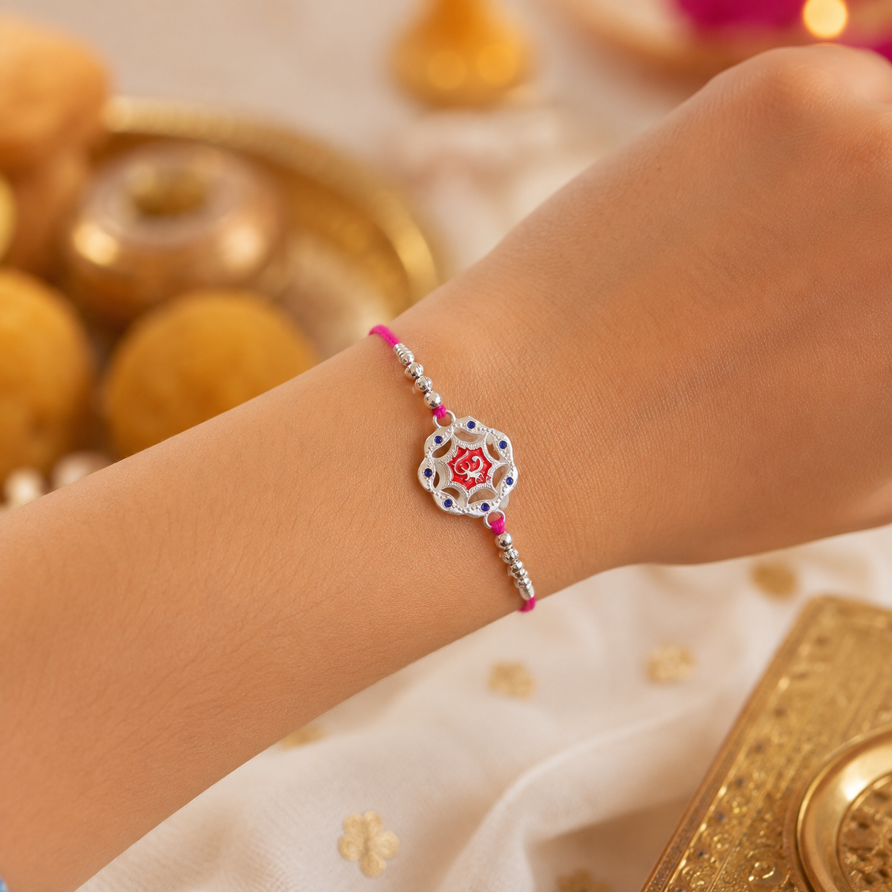 Side view of the designer rakhi, showcasing its intricate silver-tone floral pattern.
