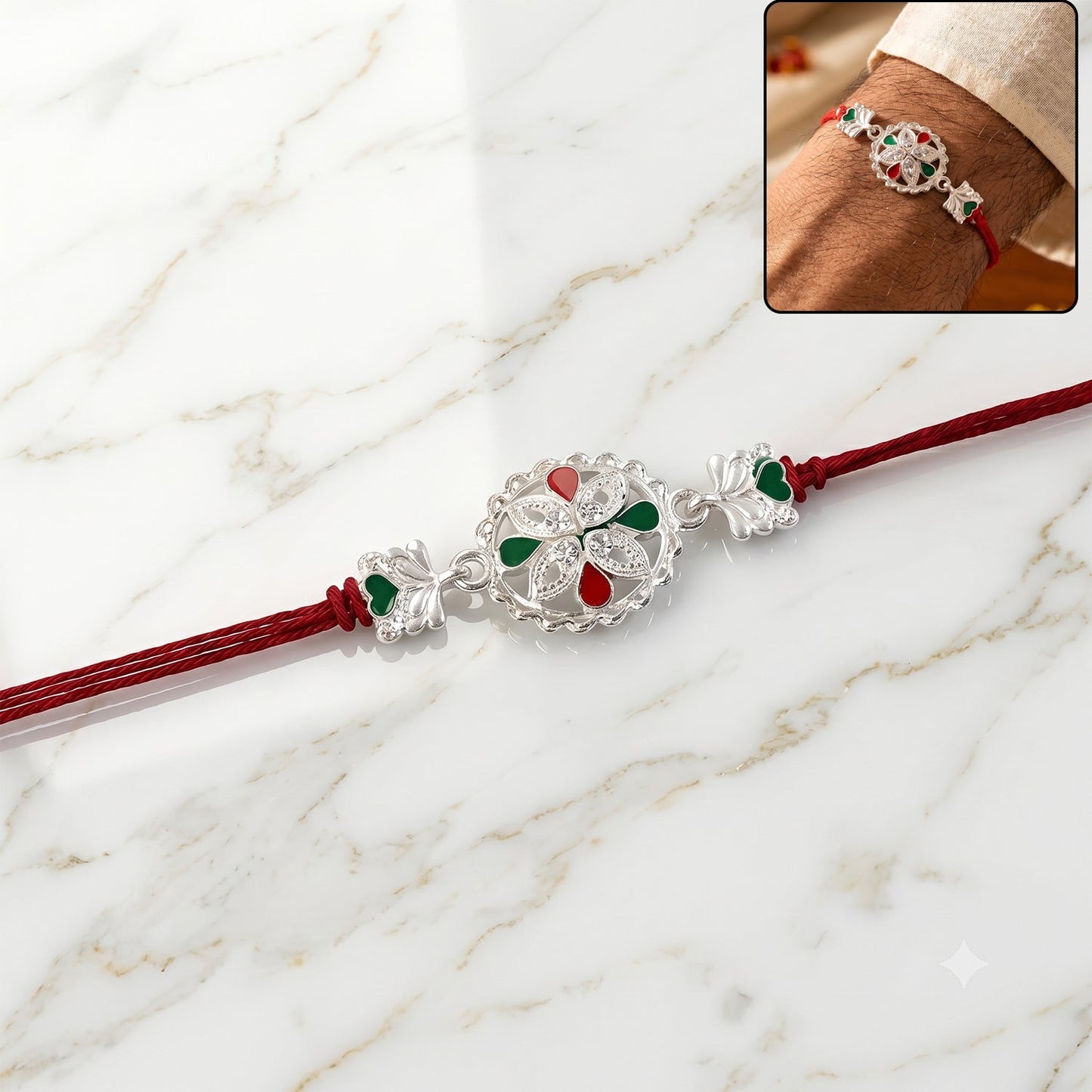 Oxidised Rakhi with intricate Meenakari floral design, tied on a brother's wrist for Raksha Bandhan.