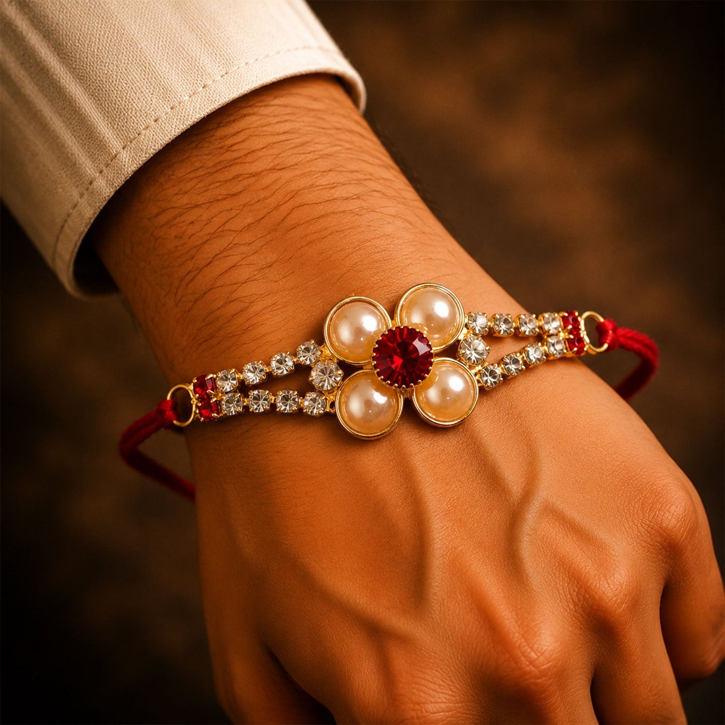 Elegant Designer Rakhi for Brother featuring gold and pearl designs.