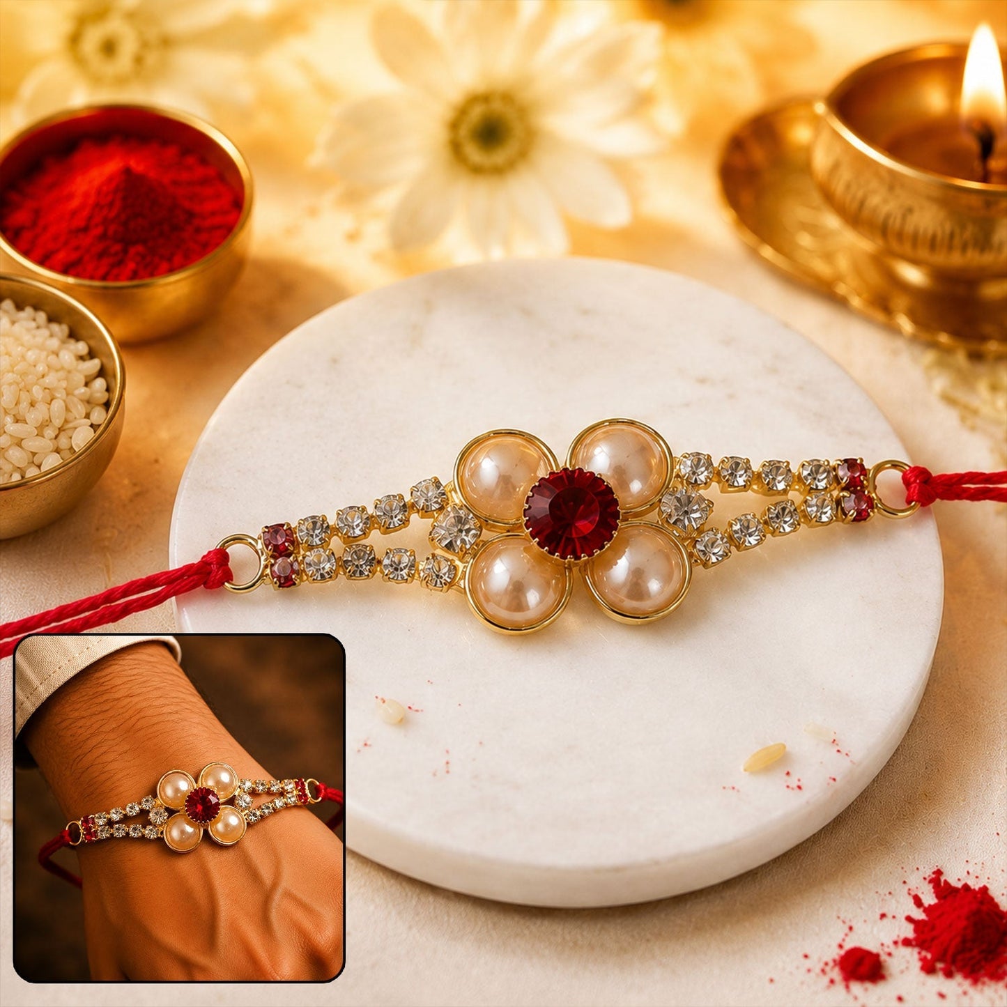 Close-up of Designer Rakhi with gold pearls and AD stones, perfect for Rakshabandhan.