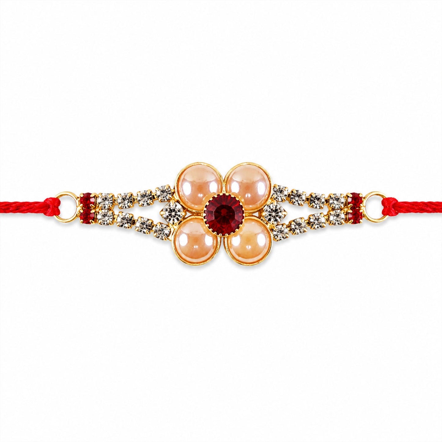 Detailed shot of Rakhi showcasing AD stones and pearls.
