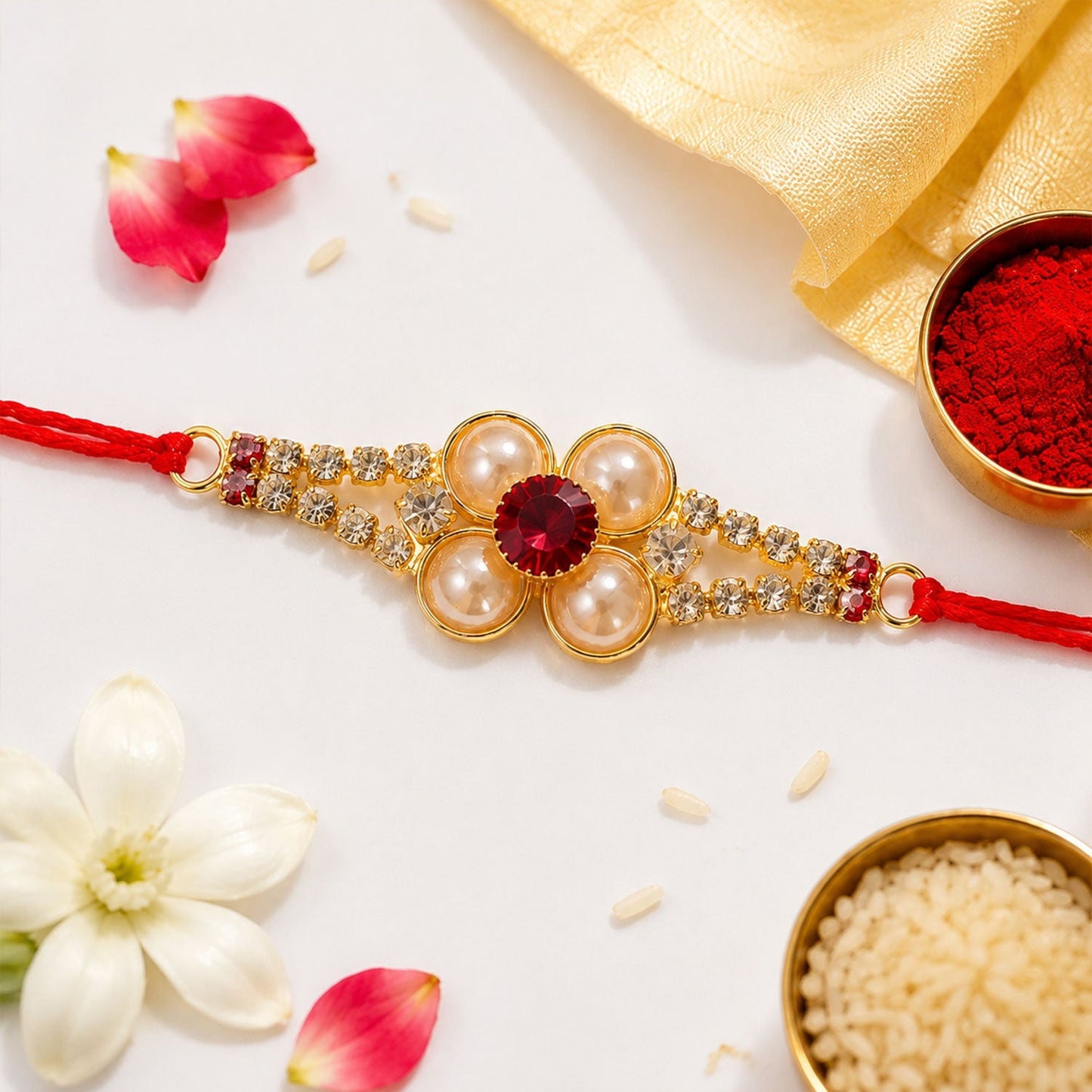 Side view of gold pearl Rakhi highlighting craftsmanship.