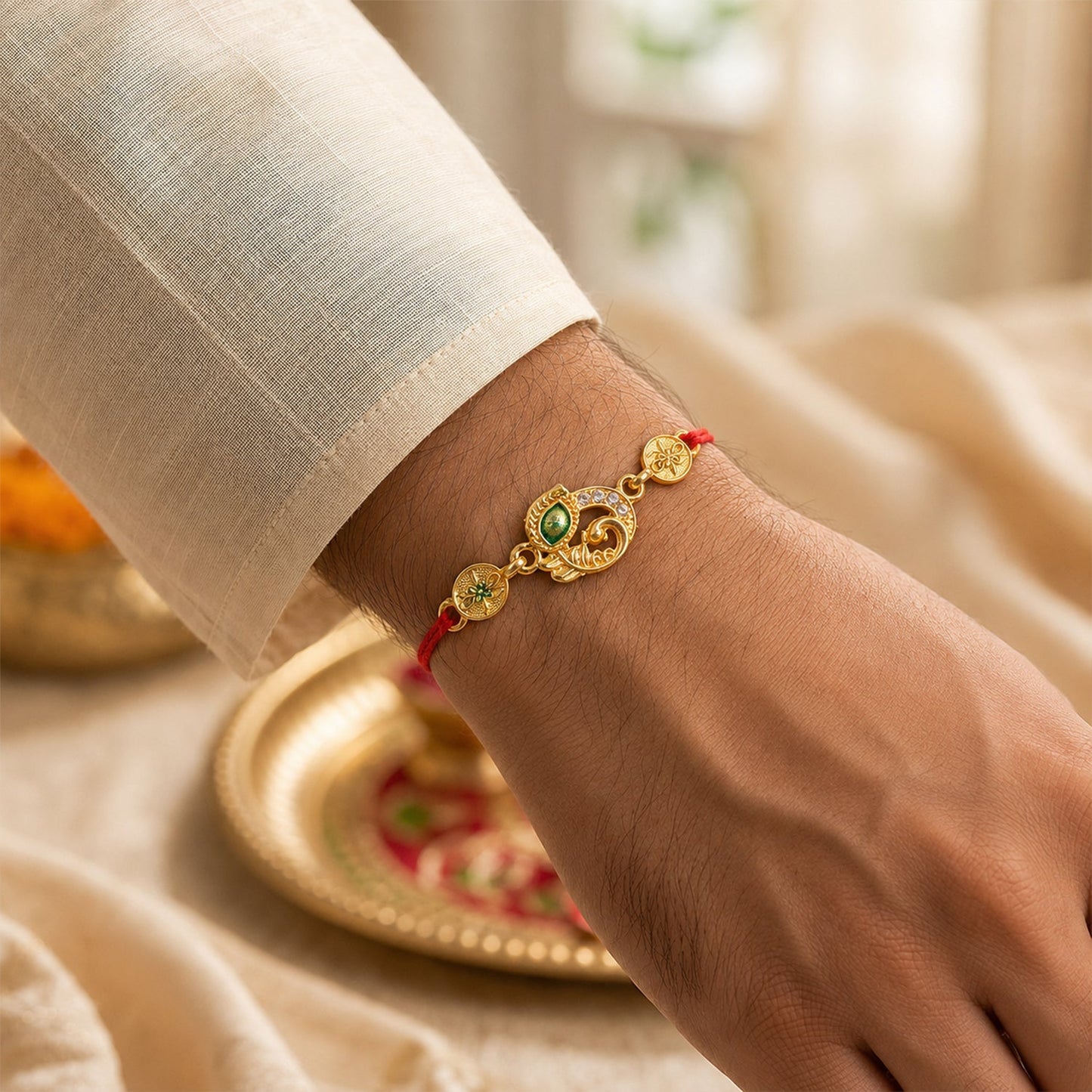 Side view of the Golden Peacock Rakhi highlighting its shape and sparkling stones.