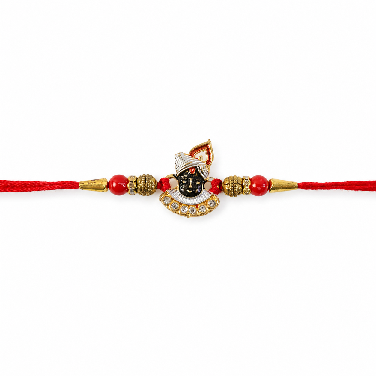 Angled view emphasizing the sparkling elements and red beads.
