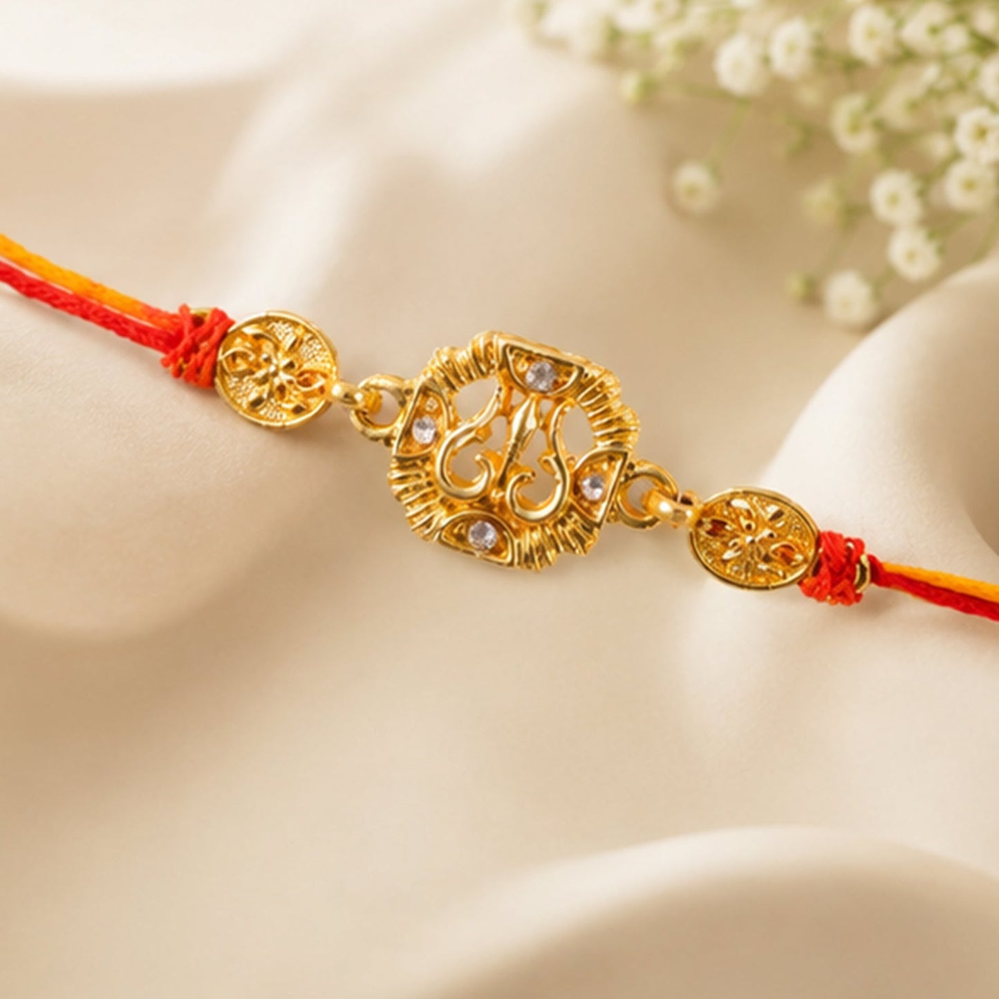 Angled shot of the Traditional Rakhi, emphasizing the detailed craftsmanship of the golden motif.