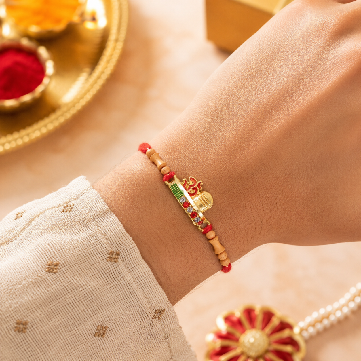 Close-up of the intricately designed golden Om symbol on the Rakhi.
