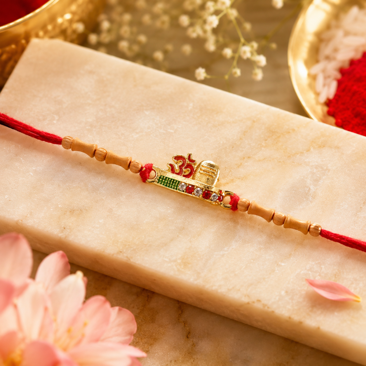 Om Rakhi tied comfortably on a wrist, showcasing its perfect size and fit.