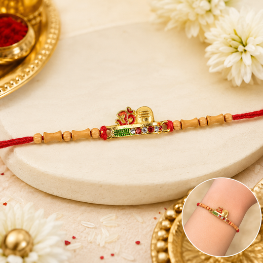 Elegant Om Rakhi for brother featuring golden beads and a prominent Om symbol.
