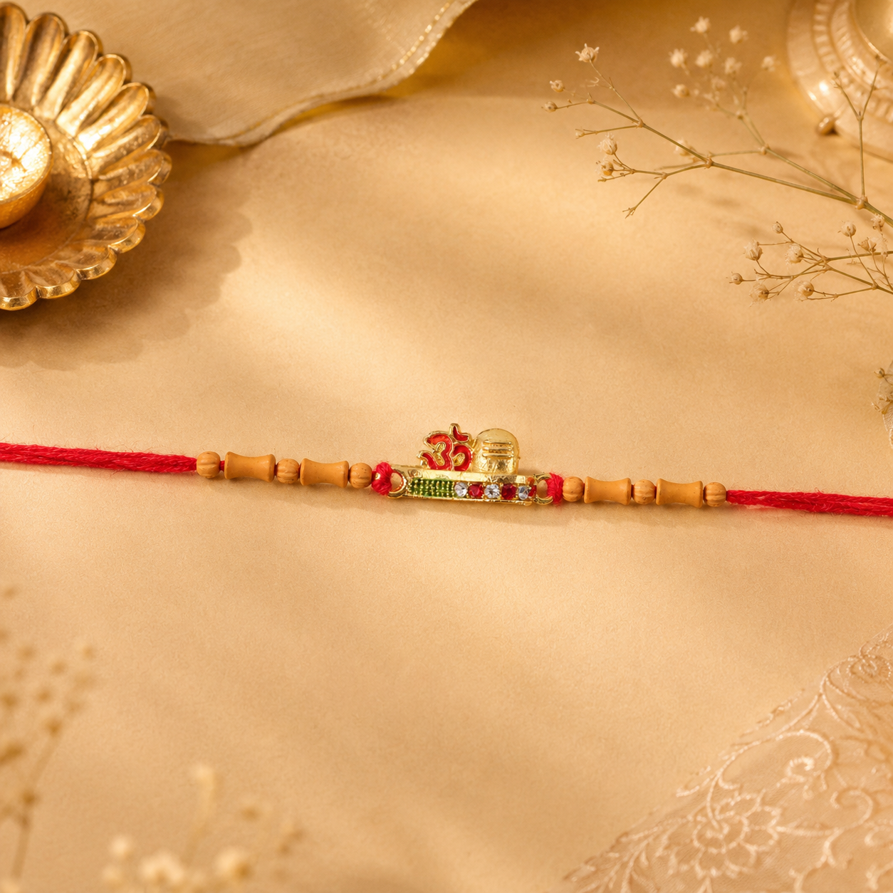 The golden Om Rakhi beautifully displayed, ready for Raksha Bandhan celebrations.