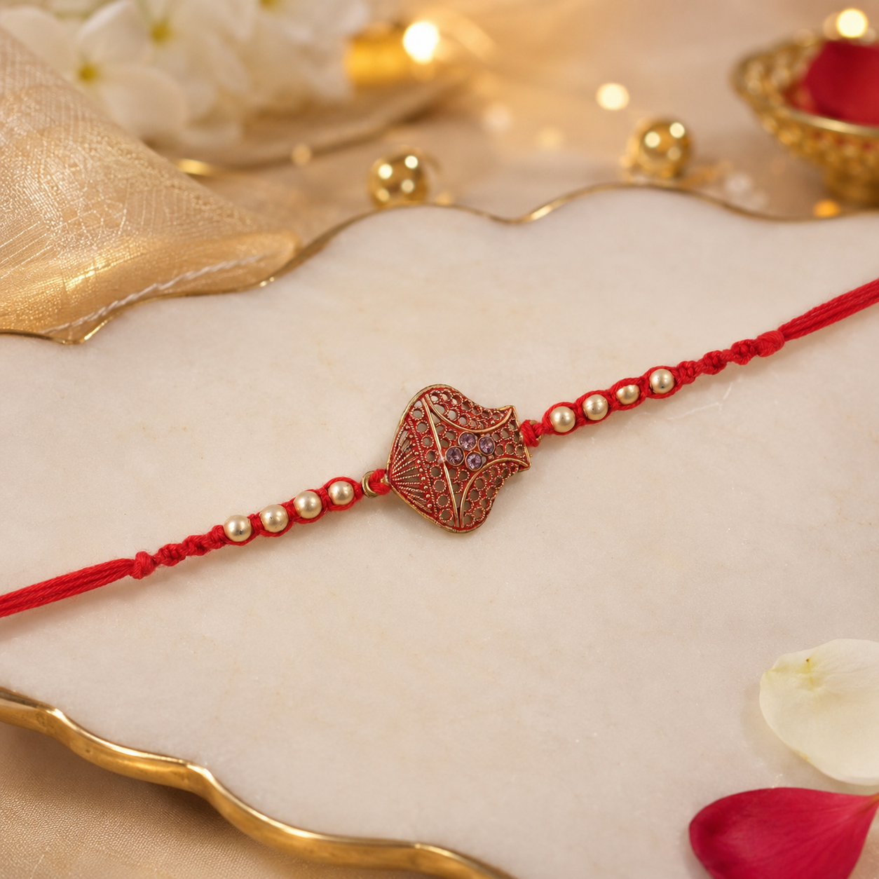 Golden bead work detail on traditional Rakhi for brother.