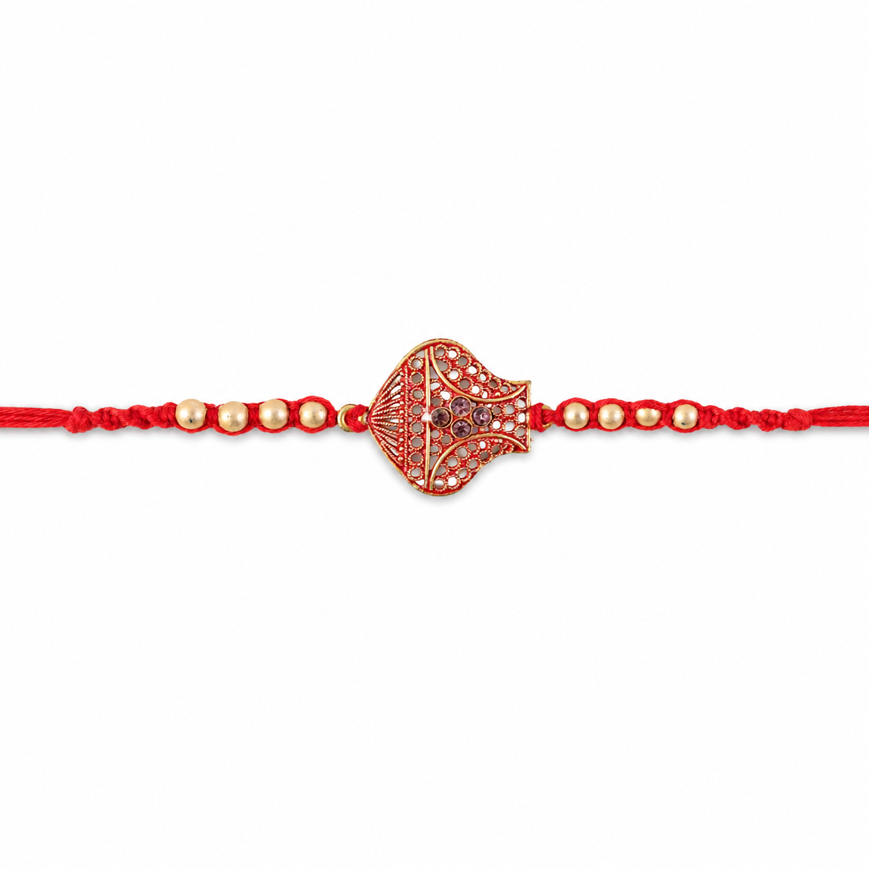 Beautiful antique Rakhi with golden beads and thread.