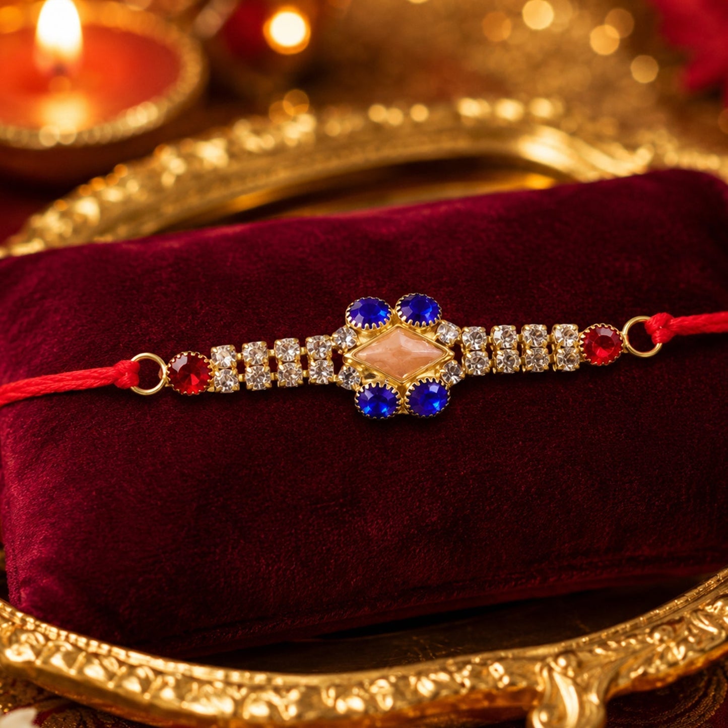 Side view of the stylish AD Stone Rakhi showcasing intricate design.
