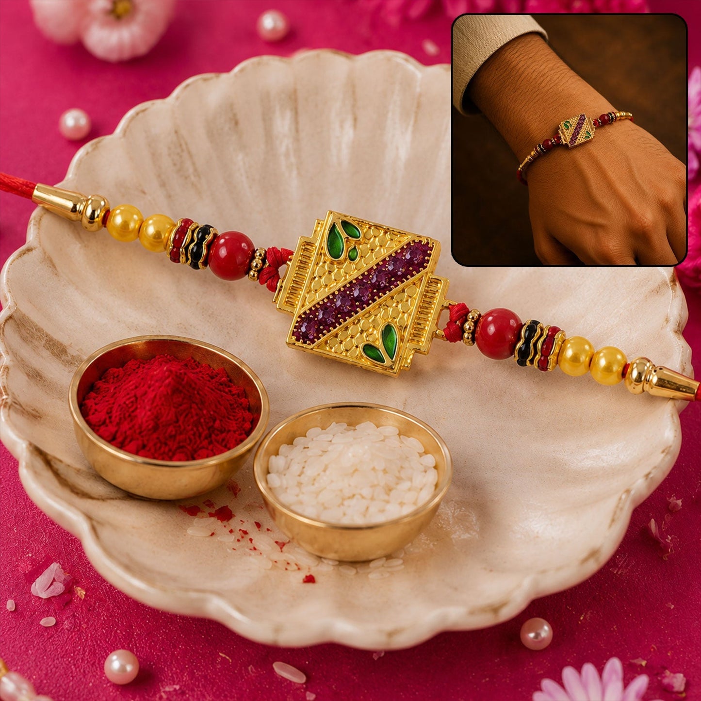 Close-up of golden square Meenakari Rakhi with vibrant beads, ideal for Raksha Bandhan.