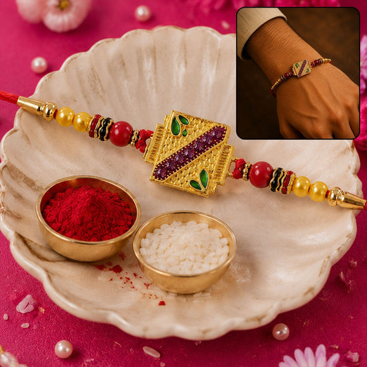 Close-up of golden square Meenakari Rakhi with vibrant beads, ideal for Raksha Bandhan.