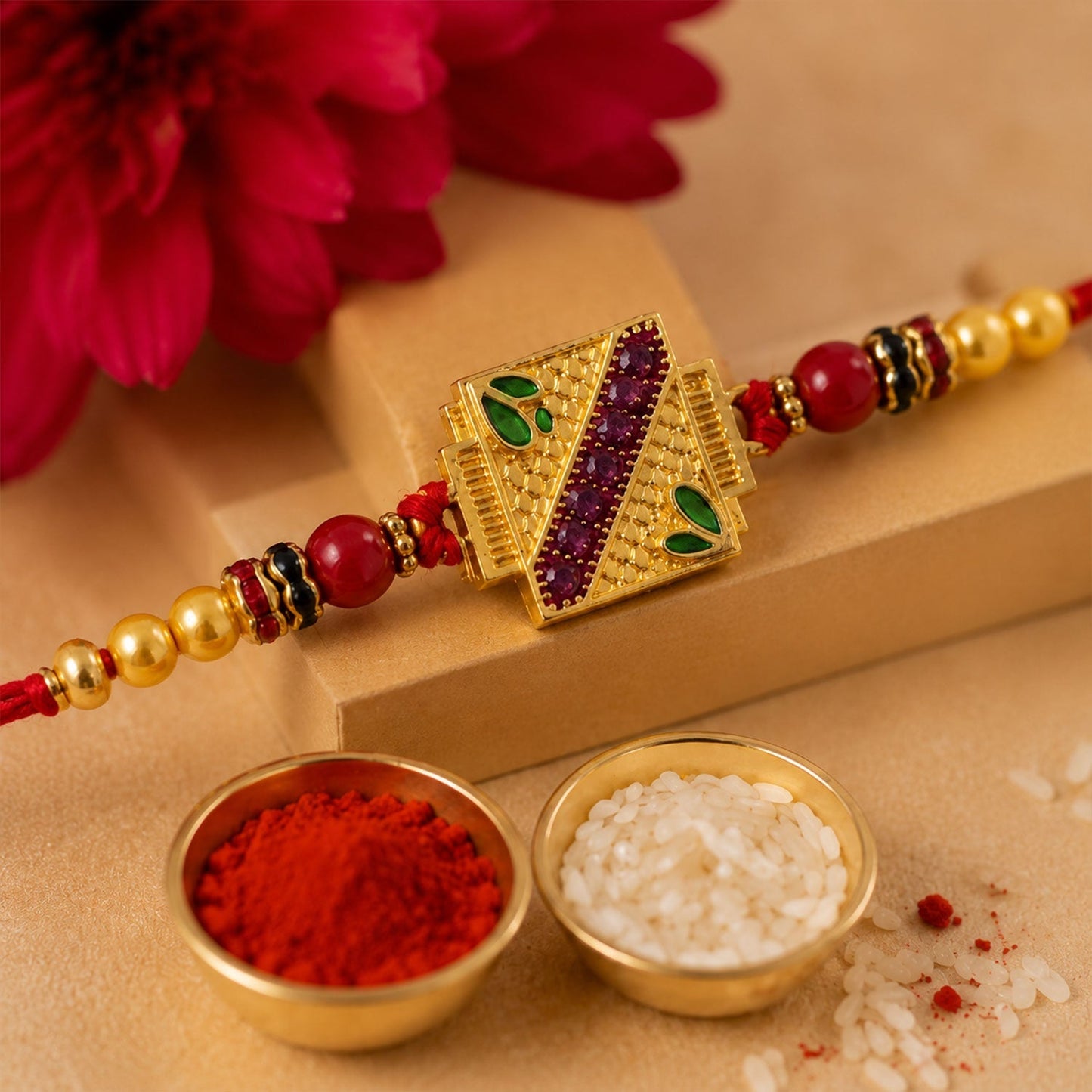 Meenakari Rakhi with golden square design and colorful beads on a festive background.