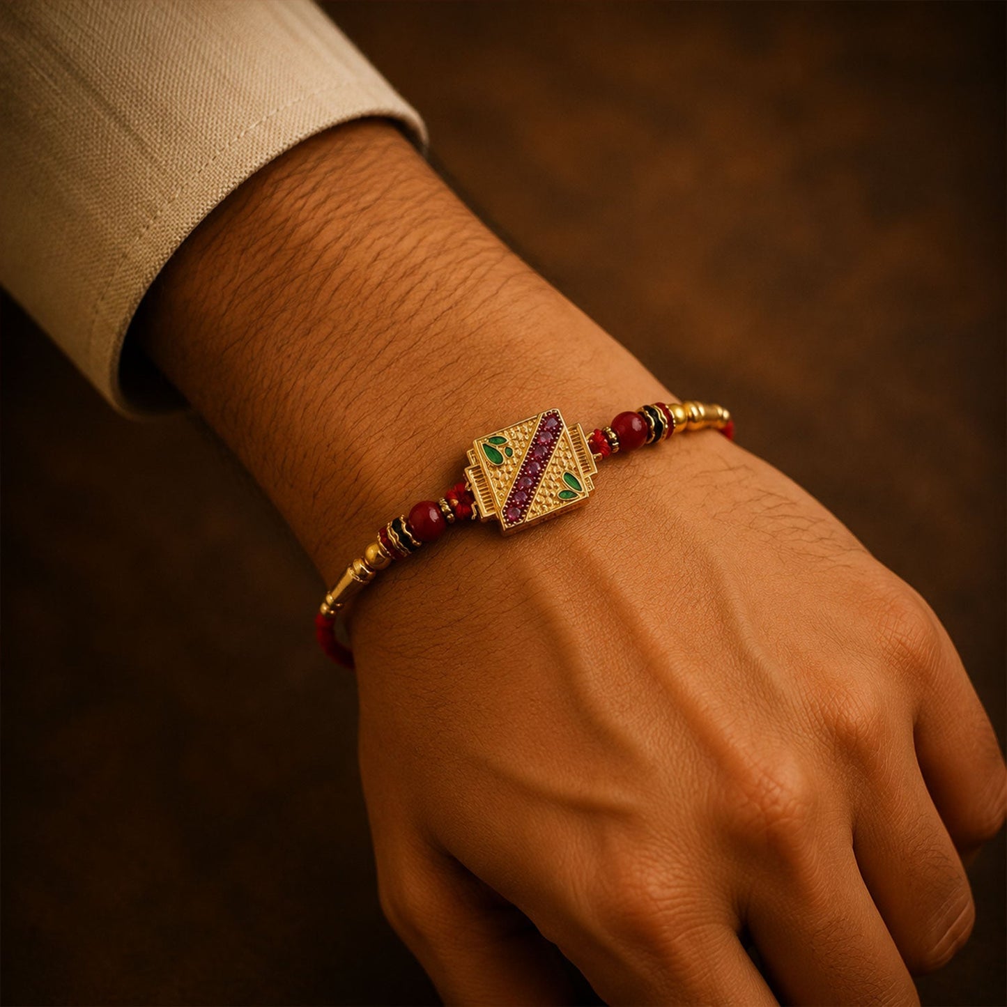 Elegant golden square Meenakari Rakhi displayed against a soft, celebratory background.