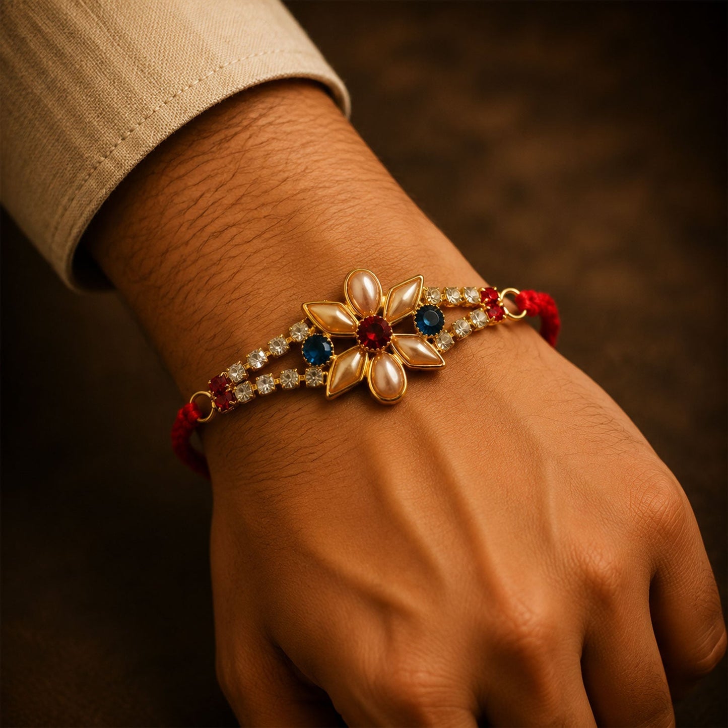 Pearl Flower Rakhi displayed against a light background highlighting its floral design.