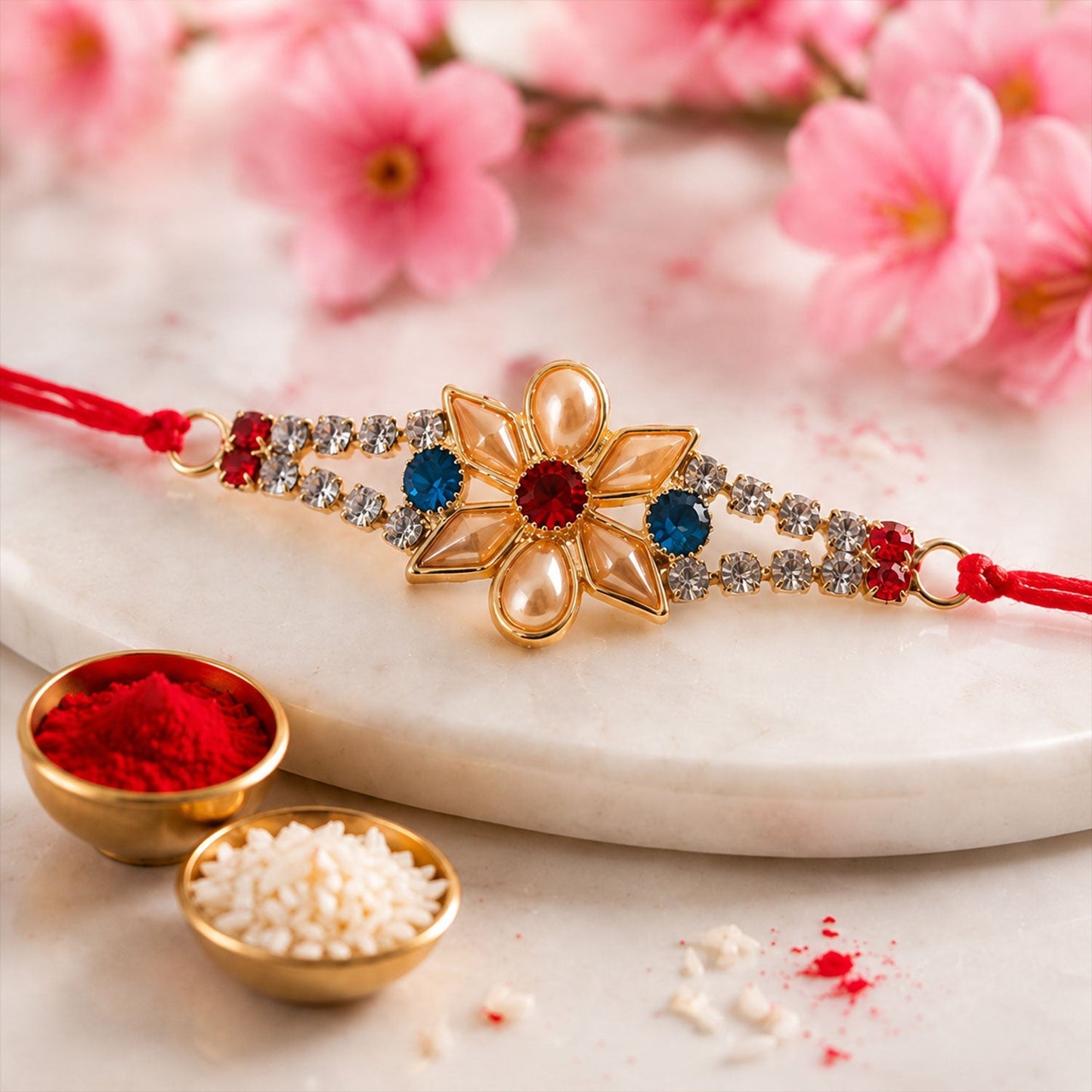 Top-down view of the Pearl Flower Rakhi, ready for Rakshabandhan celebrations.