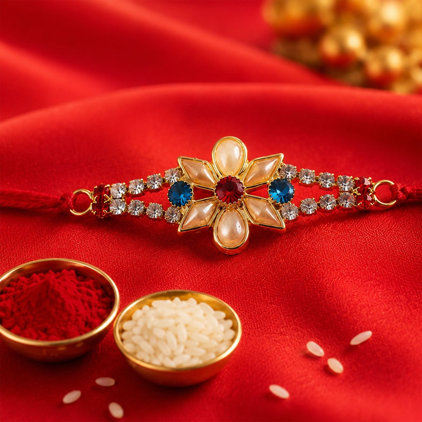 Side view of the Pearl Flower Rakhi showcasing intricate thread work and stones.