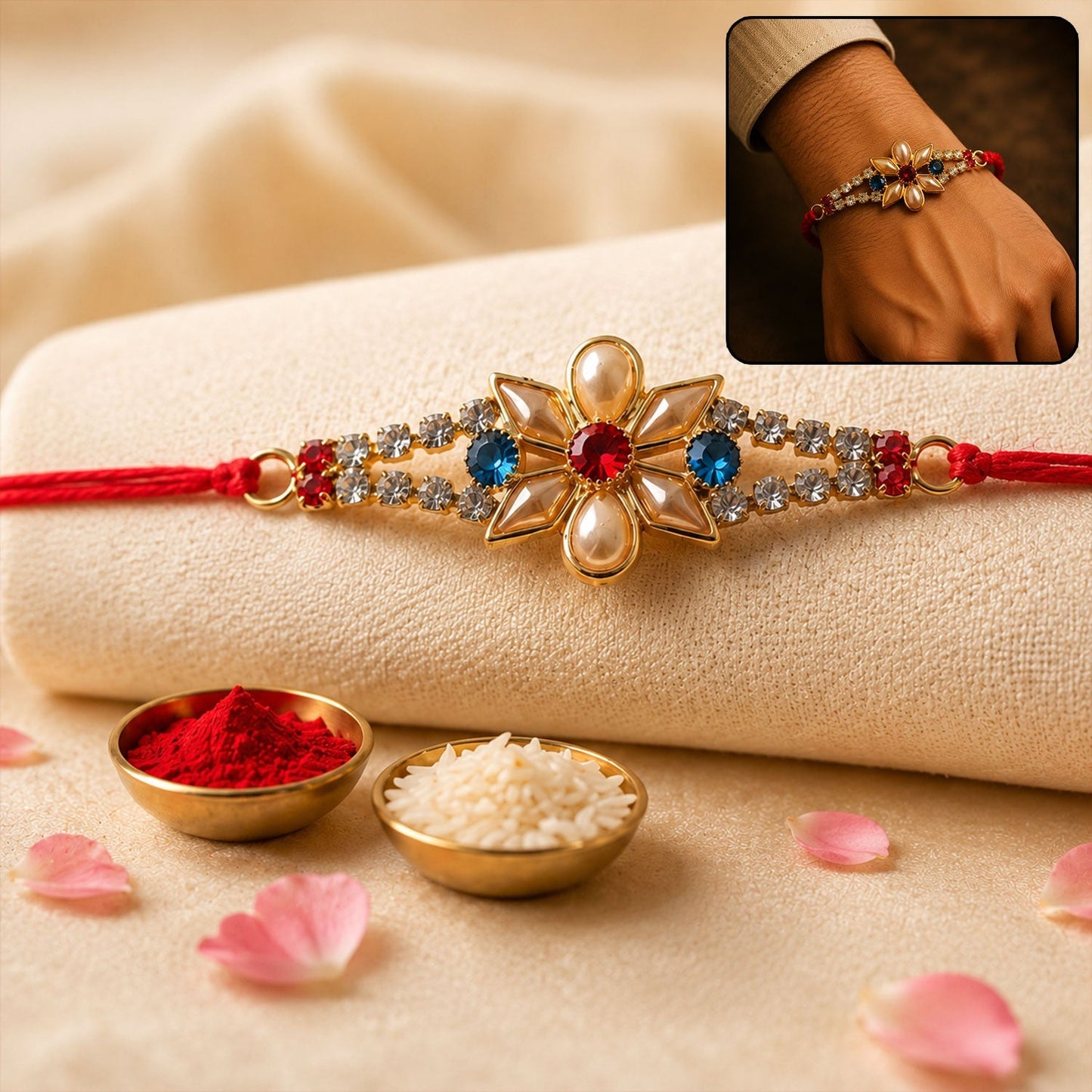 Close-up of a beautiful Pearl Flower Rakhi with blue and red stones and pearl details.