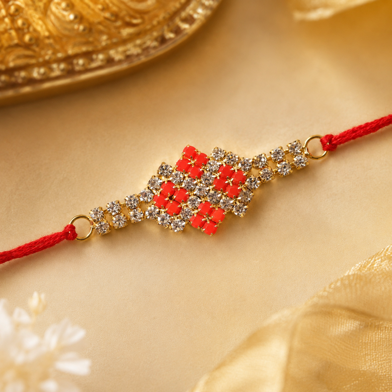Close-up of intricate AD stone work on the designer rakhi.