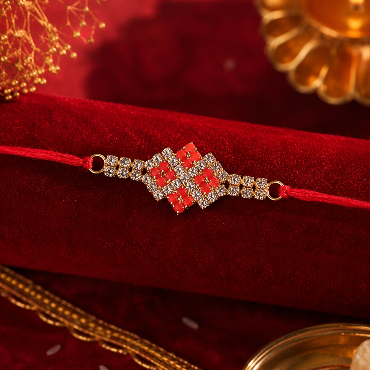 Side view of elegant AD stone rakhi for Rakshabandhan.