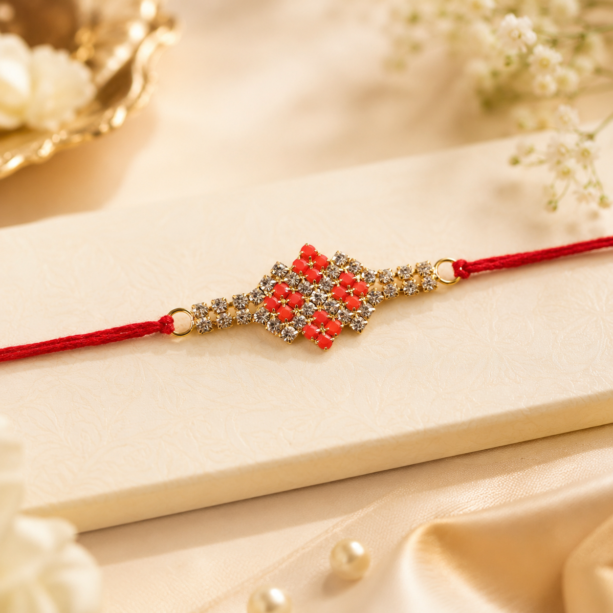 Designer rakhi for brother worn on wrist during festivities.