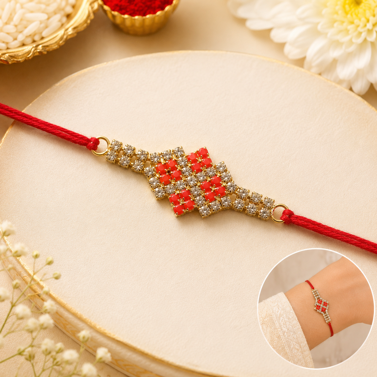 Sparkling designer rakhi for brother with red AD stones.