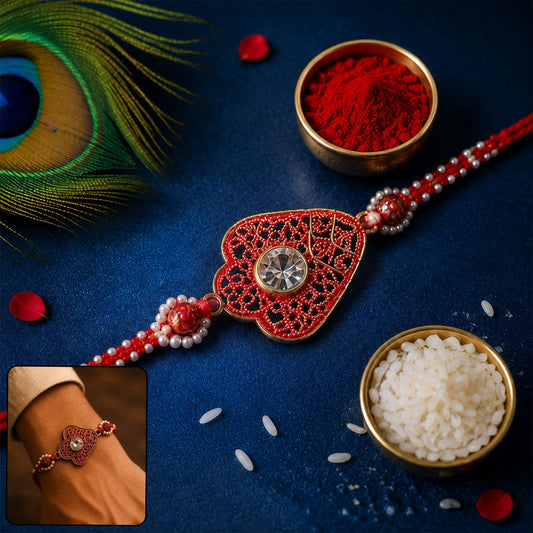 Elegant Meenakari Rakhi for Brother with AD stones and pearls, perfect for Rakshabandhan.