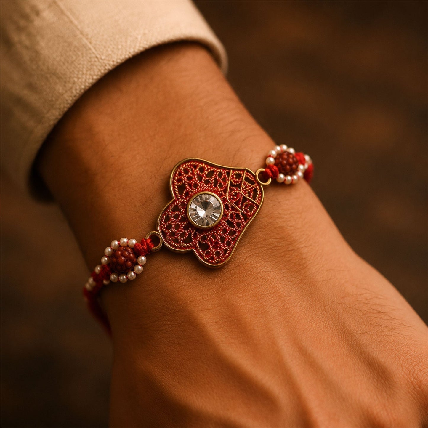 Close-up of the floral Meenakari design on the Rakhi for Brother.