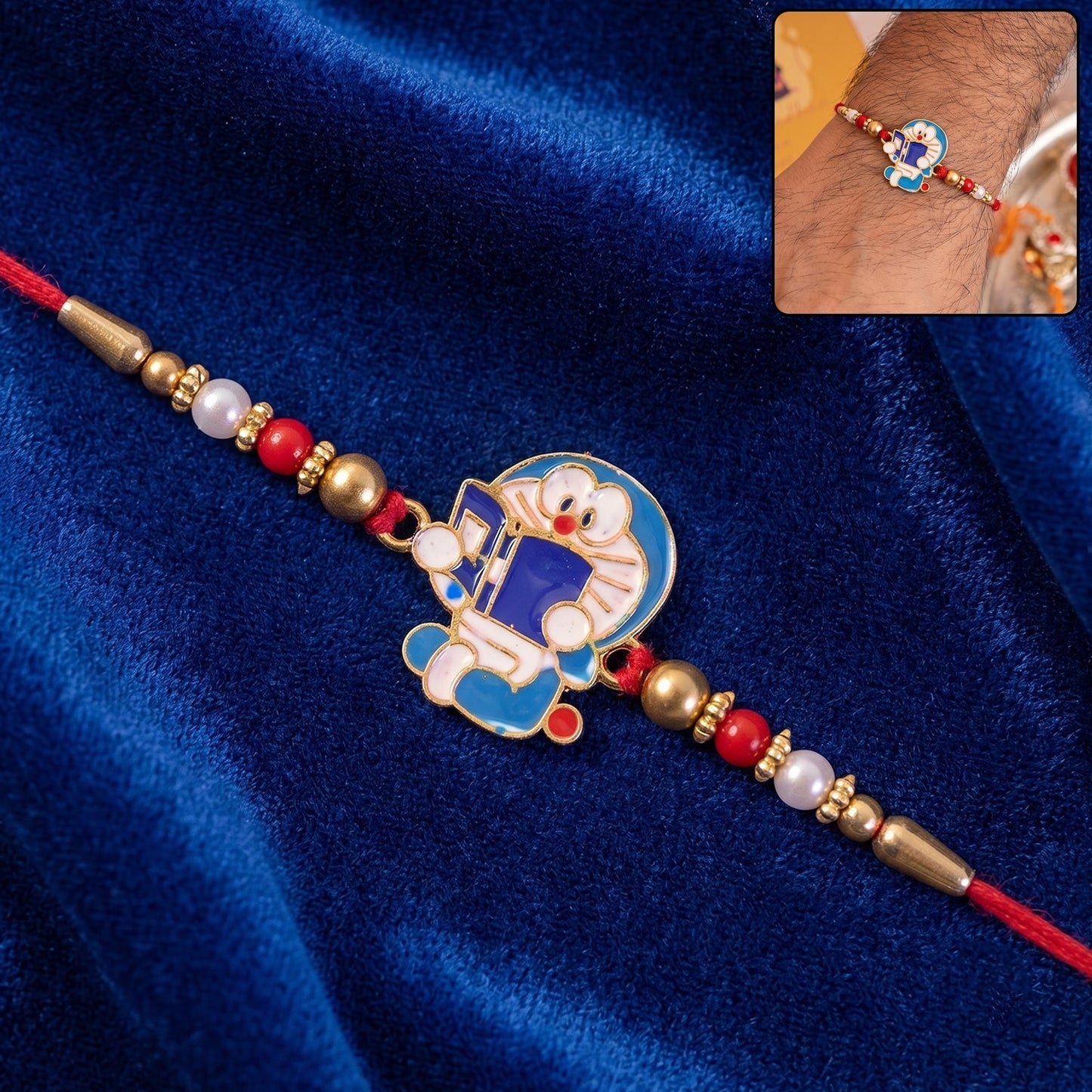 Front view of a vibrant Doraemon Kids Rakhi with colourful beads.