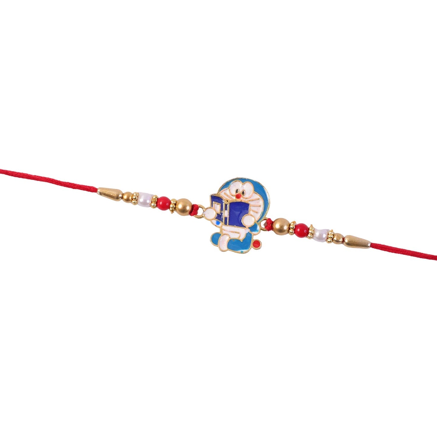 Close-up of durable thread and bead work on the cartoon rakhi.