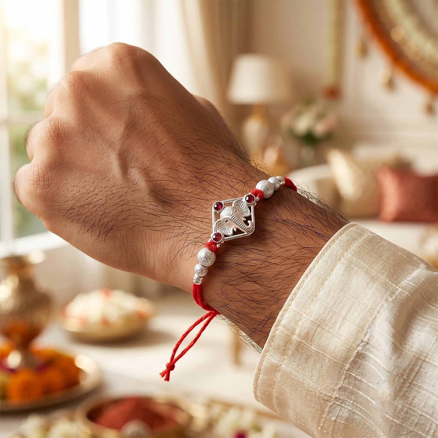 Elegant Ganesha Rakhi tied on a brother's wrist for Raksha Bandhan.