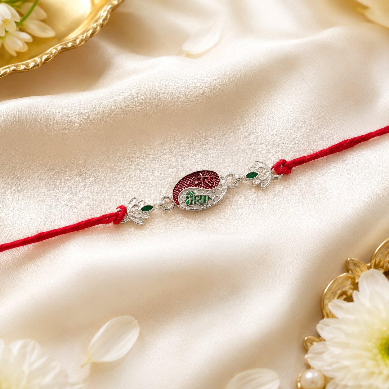 Side view of the 'Mere Bhaiya' Rakhi highlighting its silver oval design.