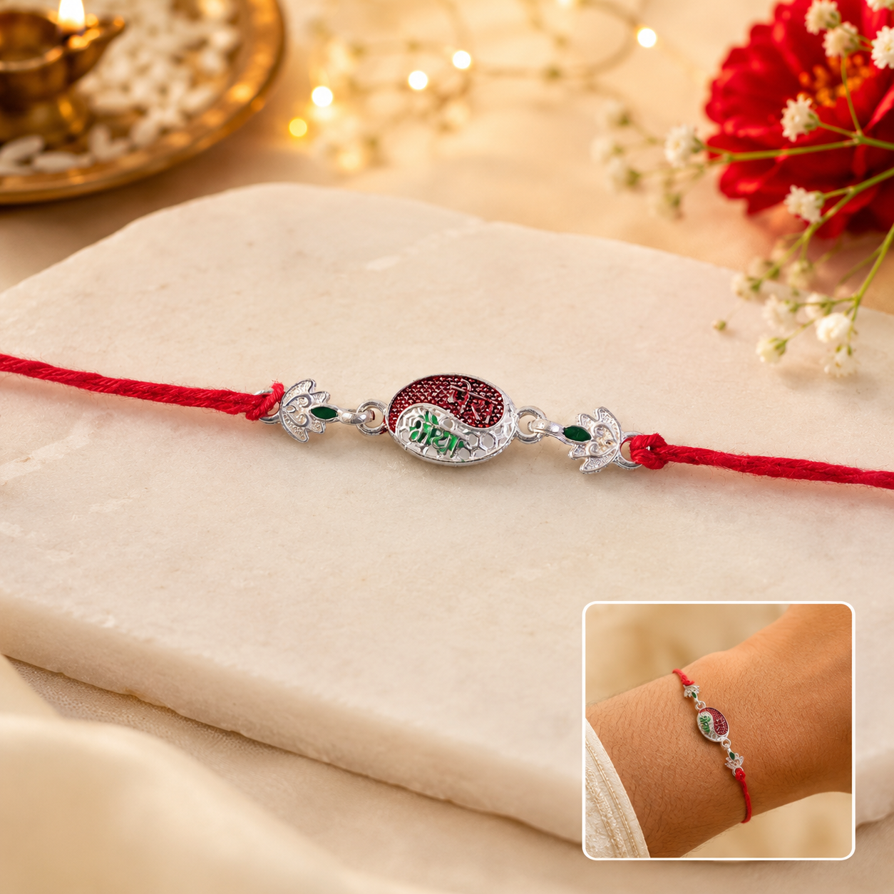 Elegant silver oval Meenakari Rakhi with 'Mere Bhaiya' text, ideal for Raksha Bandhan.