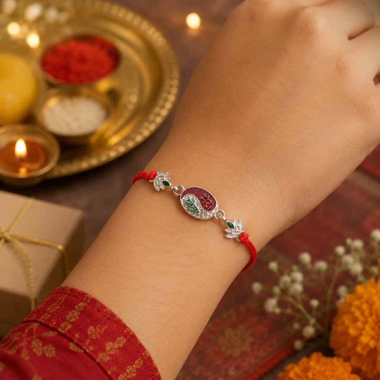 Designer Rakhi with red thread, ready for Raksha Bandhan celebrations.