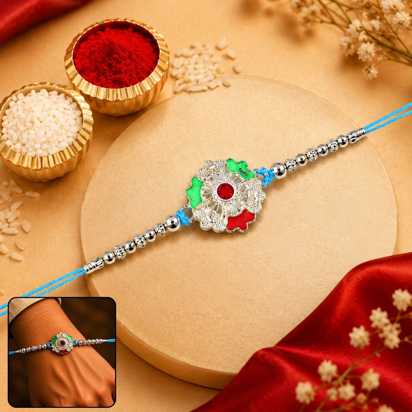 Silver meenakari floral Rakhi with beads for brother on Rakshabandhan