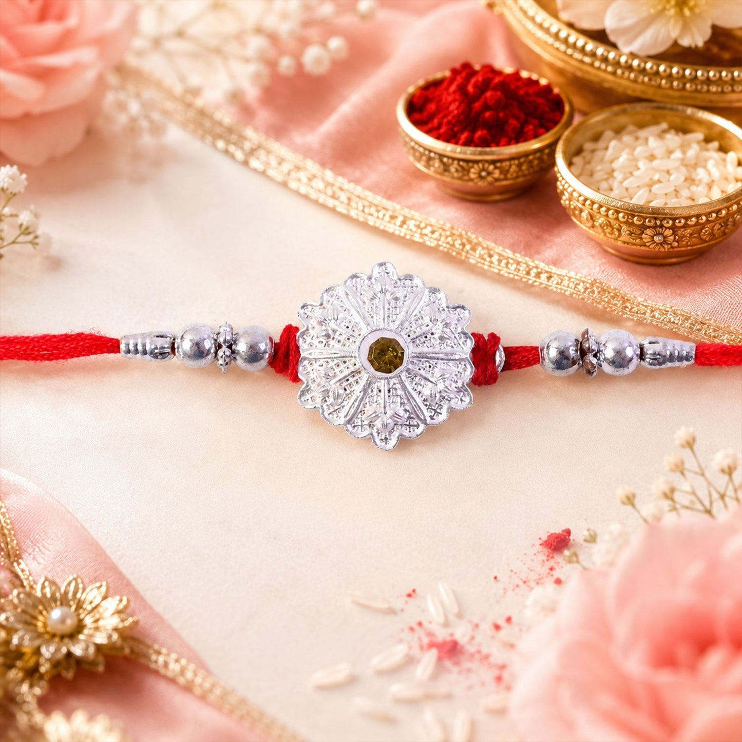 Designer oxidised silver rakhi featuring vibrant green stones for Raksha Bandhan