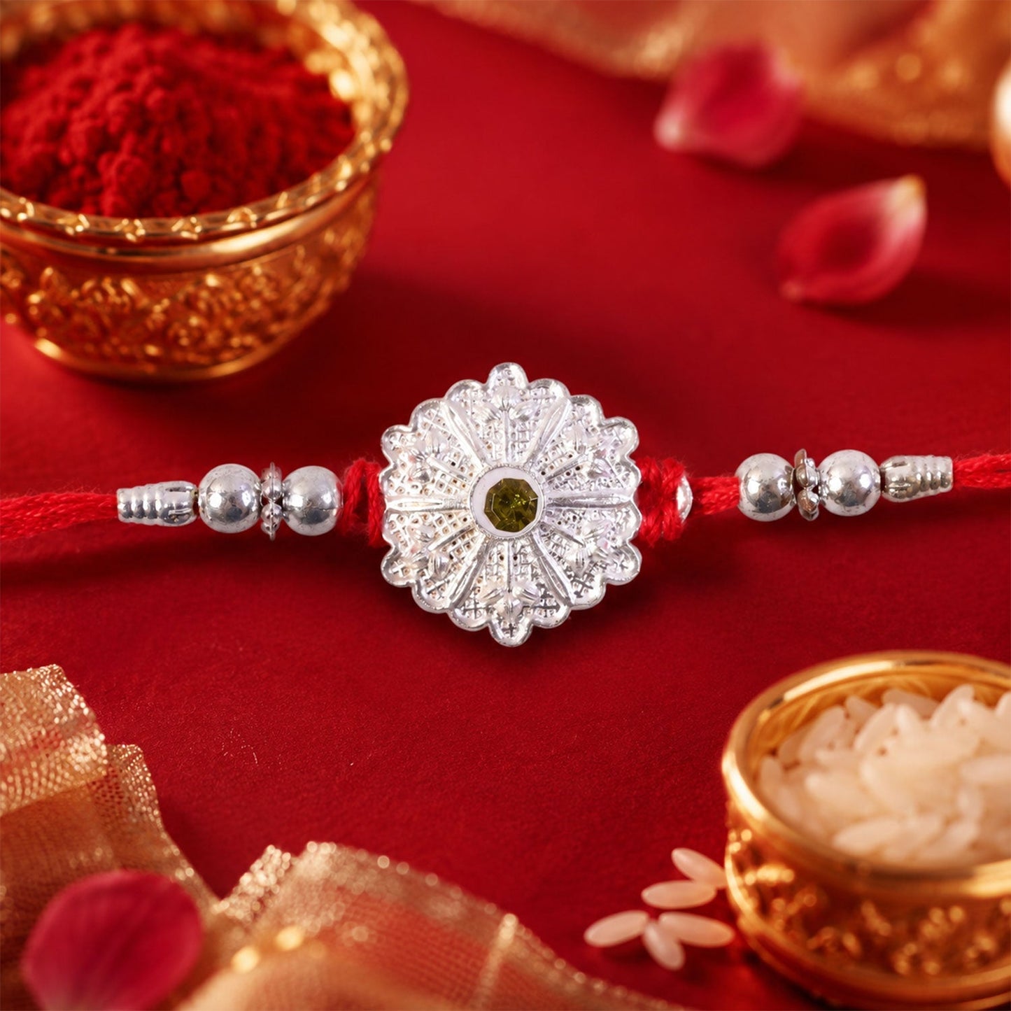 Stylish traditional mandala silver rakhi with green accents, ideal for brothers