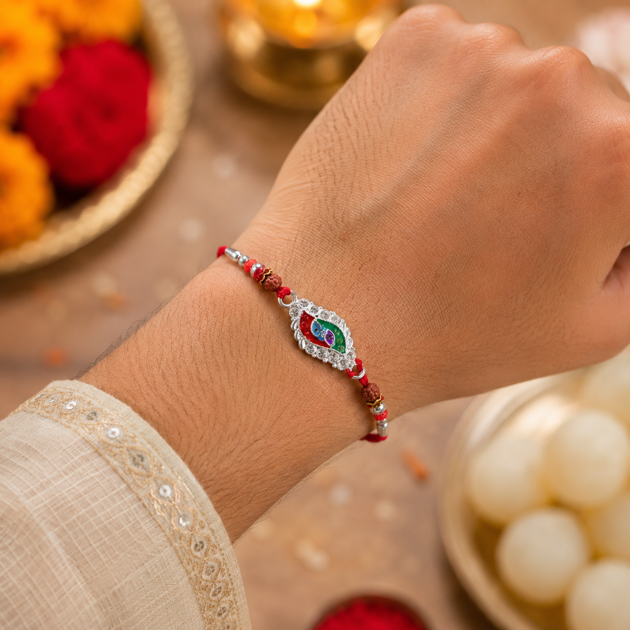 Designer silver meenakari rakhi with colorful beads for Raksha Bandhan