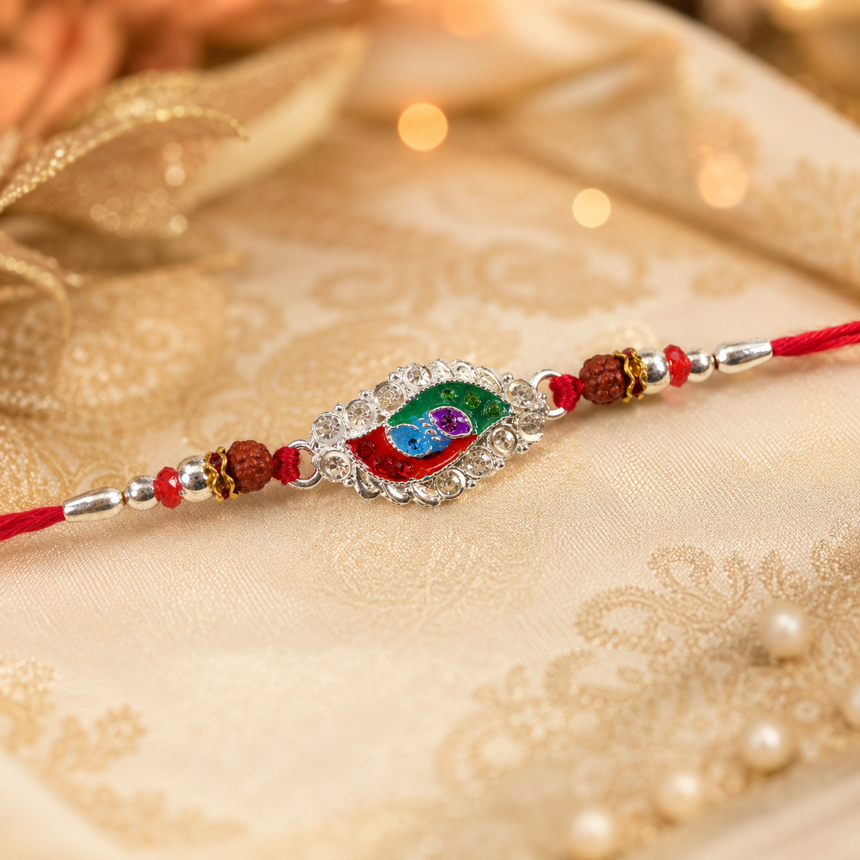 Festive silver meenakari marquise beads rakhi for Raksha Bandhan
