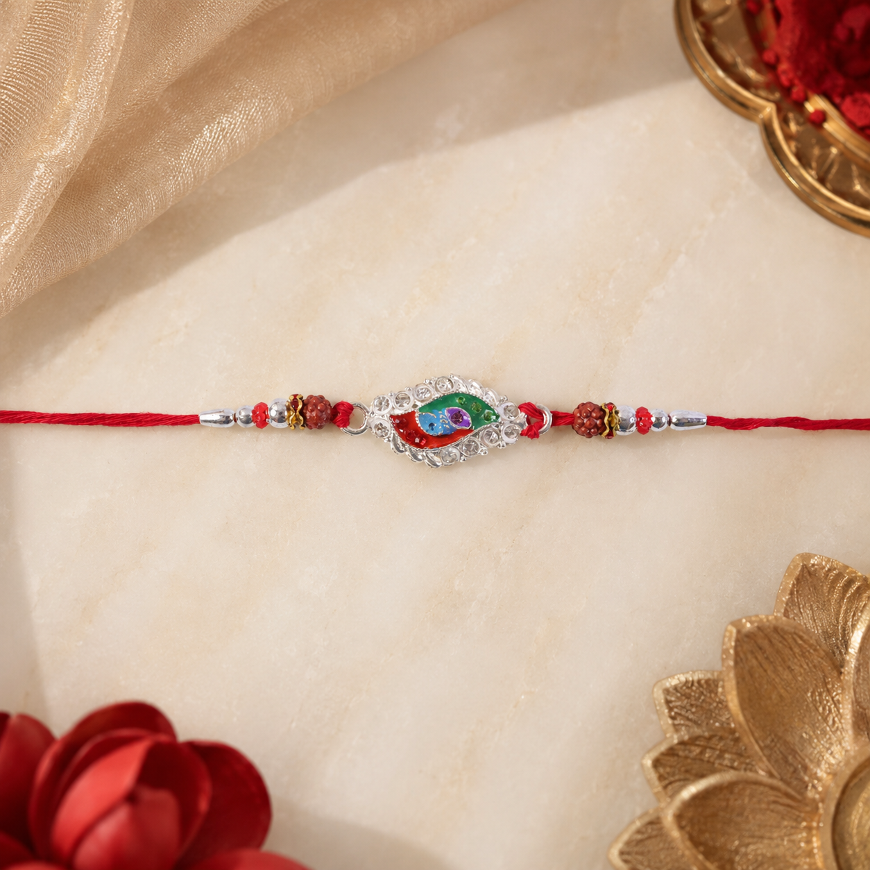 Elegant traditional silver meenakari marquise beads rakhi