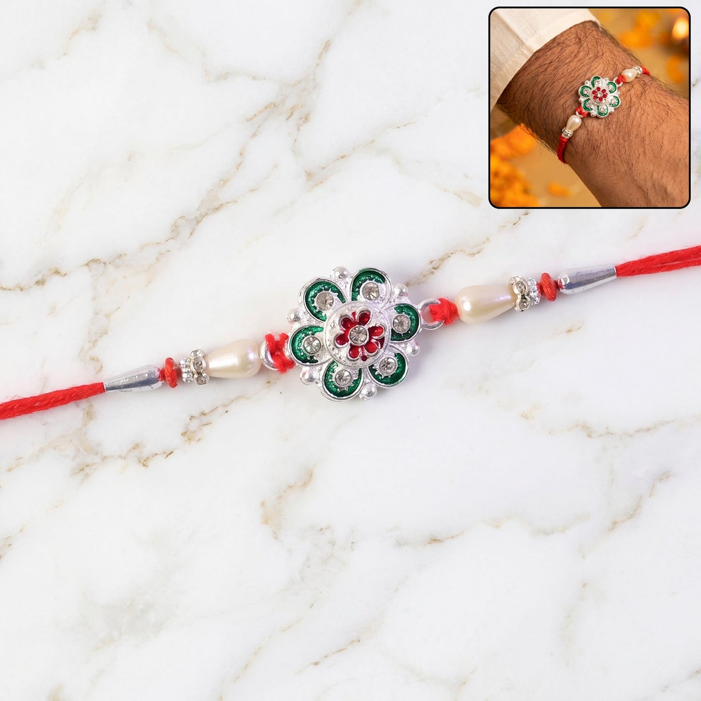Silver green meenakari floral rakhi with pearls, perfect for Raksha Bandhan
